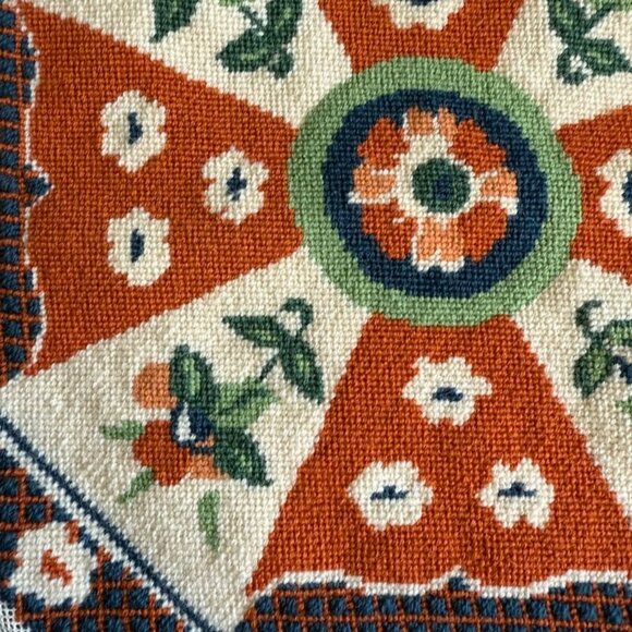Vintage European Needlepoint Folk Art Flowers Octagon 14.5 x 15" Unframed - Picture 7 of 9